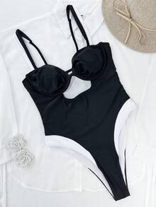 Women's Black & White Polka Dot Halter Bikini Swimsuit For Vacation - Black - View 2