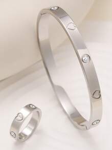 1 Set Gold Heart Design Bangle Bracelet And Thick Ring Jewelry Set, Minimalist Thick Ring Set For Women