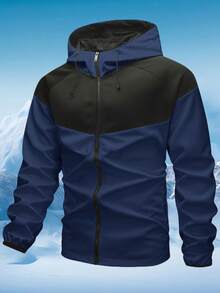 1pc Men's Colorblock Hooded Windbreaker Jacket, Water Resistant, For Autumn/Winter - Navy Blue - View 2