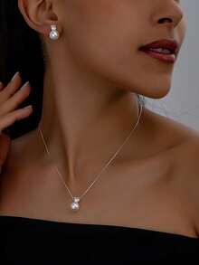 3pcs/Set Minimalist Everyday Glass Pearl Stud Earrings & Necklace Set, Versatile For Commuting - White - View 1