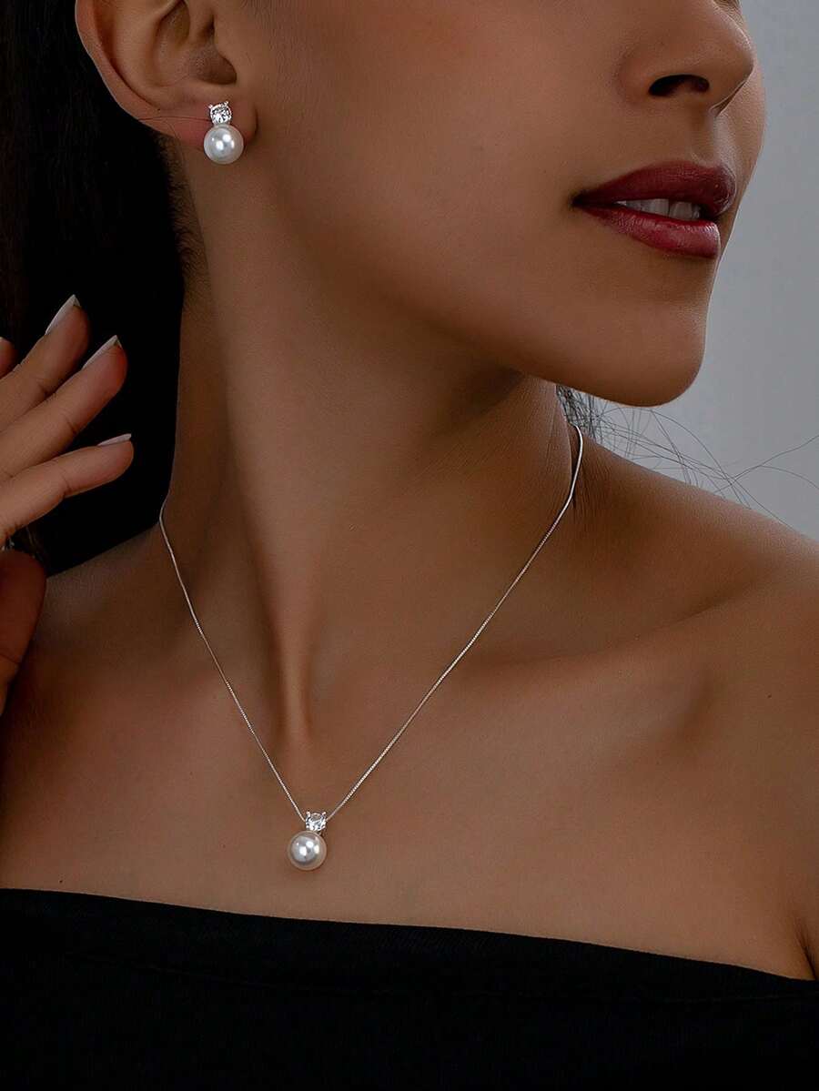 3pcs/Set Minimalist Everyday Glass Pearl Stud Earrings & Necklace Set, Versatile For Commuting - White - View 1