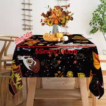 1pc Rectangular Tablecloth With Whimsical Halloween Theme, Colorful Skull, Ghost, Pumpkin Elements, Suitable For Daily Home, Living Room, Dining Room, Theme Party Events, Washable And Reusable