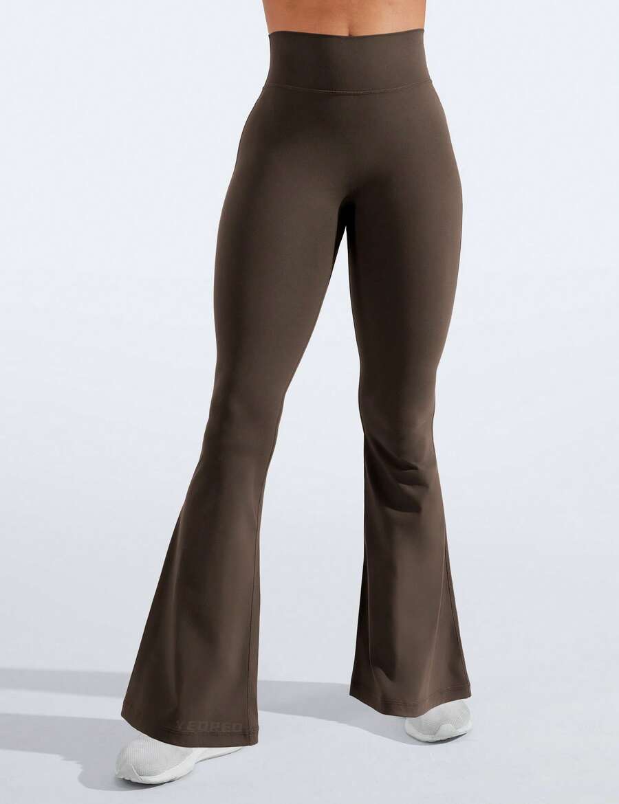 VOYJOY Women Flare Leggings Short Inseam Lynnie Bootcut Yoga Workout Pants High Waist Bell Bottom Workout Legging - Coffee - View 1