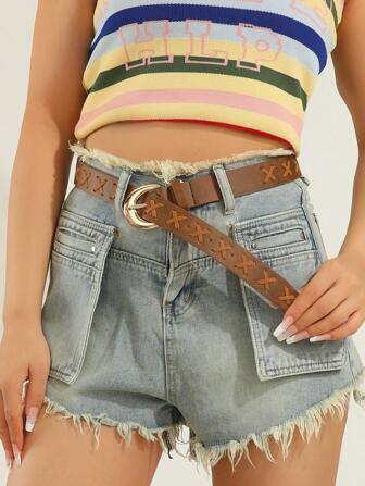 1pc Retro Bohemian Style Quilted Casual PU Leather Belt For Women, Suitable For All Seasons