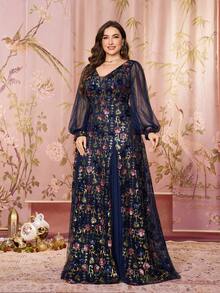 [Mẫu in ngẫu nhiên] Đầm dạ hội dài ôm sát người, cổ chữ V, tay phồng, đính sequin phối màu tương phản của UNITHORSE dành cho nữ. - Màu xanh hải quân - Xem 4