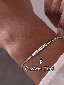 1pc Customized Engraved Mini Bar Bracelet With Horse Bit Chain | Personalized Delicate Name Stackable Bracelet | Gift For Friends | Gift For Her | Perfect Present - Silver - View 2