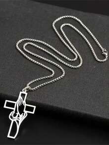 1 件不锈钢基督教十字架吊坠项链，男士宗教祈祷耶稣珠宝 - 銀色 - 查看 3