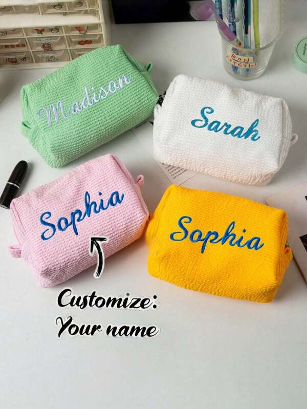 1pc Customized Pleated Wavy Makeup Bag For Women, Portable Travel Toiletry Bag, Soft & Comfortable Multi-Function Cosmetic Organizer Bag, Large Capacity Embroidered Vanity Pouch, Octagon Letter Design, High-Quality Bridesmaid Gift, Suitable For Business Trip, Travel, Holiday, Daily Use, Gift For Family, Friends, Mother, Partner, Great For Mother's Day, Valentine's Day, Nurse's Day, Teacher's Day, Christmas, Anniversary, Birthday