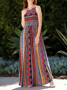 Boho Retro Polka Dot Rayon Mix Casual  Maxi Dress With Folded Cap Sleeve Side Pockets Versatile Summer Dress For Women - 彩色 - 查看 4