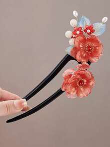 1 件花卉印花复古木质发夹，适合所有季节/新古典中国风流苏发饰，适合女士、旗袍、汉服、高端装饰发夹、发髻夹