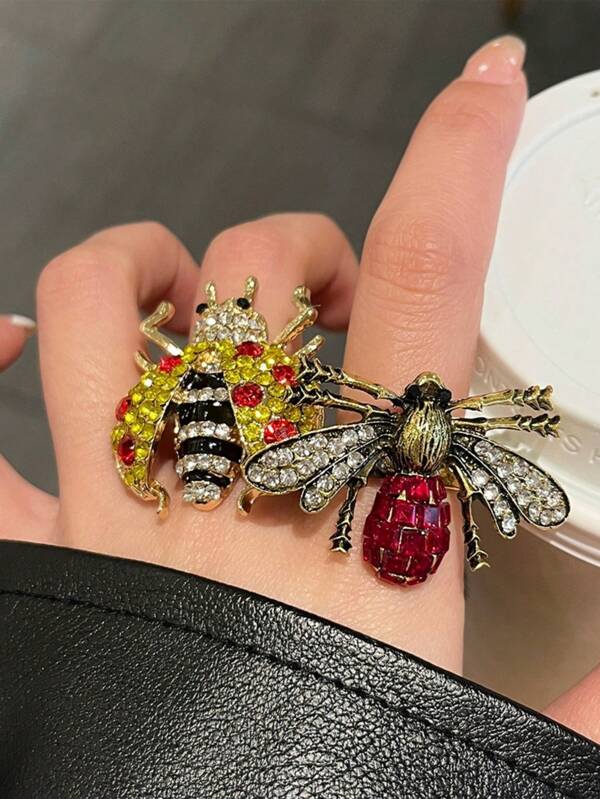 1PC Personalized Hip Hop Fashion Alloy Set Artificial Crystal Zirconia Pearl Drip Oil Ladybug Bee Insect Series Open End Ring Rock Holiday Party Music Festival Wear, Men's And Women's Versatile Charm Jewelry Gift For Friends Brothers Classmates