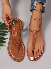 女士时尚平底凉鞋，经典优雅的方头平底拖鞋，以及女士沙滩拖鞋/凉鞋。 - 棕色 - 查看 2