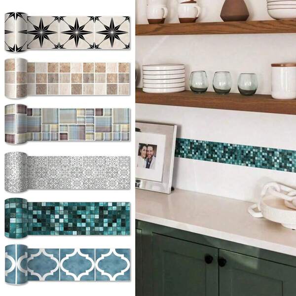 1 Roll/2 Rolls Of 2-Metre Waterproof Waistline Wallpaper In Bohemian Style, PVC Self-Adhesive Home Decoration Wallpaper. - Self-Adhesive Skirting Board Borders, Specifically Designed For Decorating Damp Spaces Such As Bathrooms And Kitchens