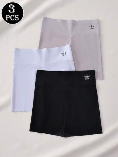 3条装女士高腰光滑内裤，舒适透气纯色及印花设计，无缝收腹，防滑短裤