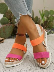 Women's Thick Sole Wedge Straw Braided Open Toe Double Strap Contrast Color Beach Sandals, Breathable Vacation Shoes, Summer