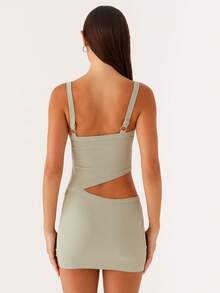 Women Cut Out Cami Dress Slim Solid Color V Neck Sleeveless Open Back Mini Bodycon Dress - Green - View 2