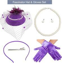 Ibeauti Fascinator Hats With Screentouch Lace Gloves Set Women Tea Party Cocktail Wedding Derby Headwear Short Gloves - 01 紫色 - 查看 3