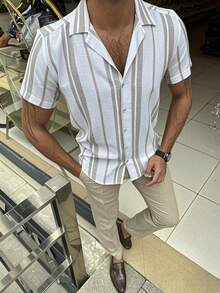 Men's Casual Simple Colorblock Striped Print Comfortable Versatile Shirt - Grey - View 3