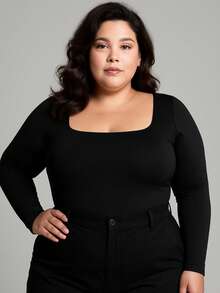 Women's Long Sleeve Square Neckline Suplex Bodysuit Without Pads Autumn Winter Immediate Shipping - 黑色 - 大尺碼 GG - 查看 1