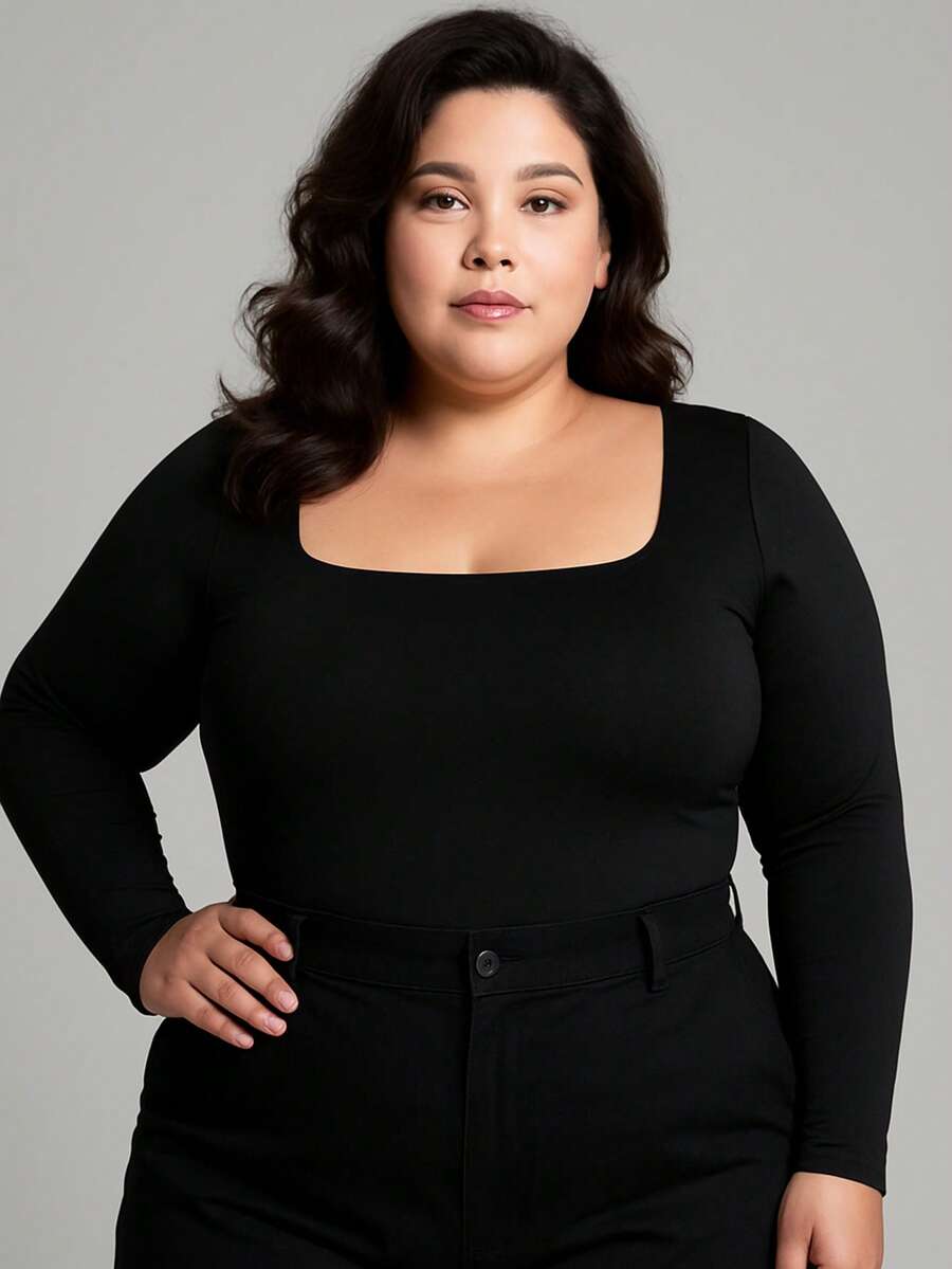 Women's Long Sleeve Square Neckline Suplex Bodysuit Without Pads Autumn Winter Immediate Shipping - 黑色 - 大尺碼 GG - 查看 1