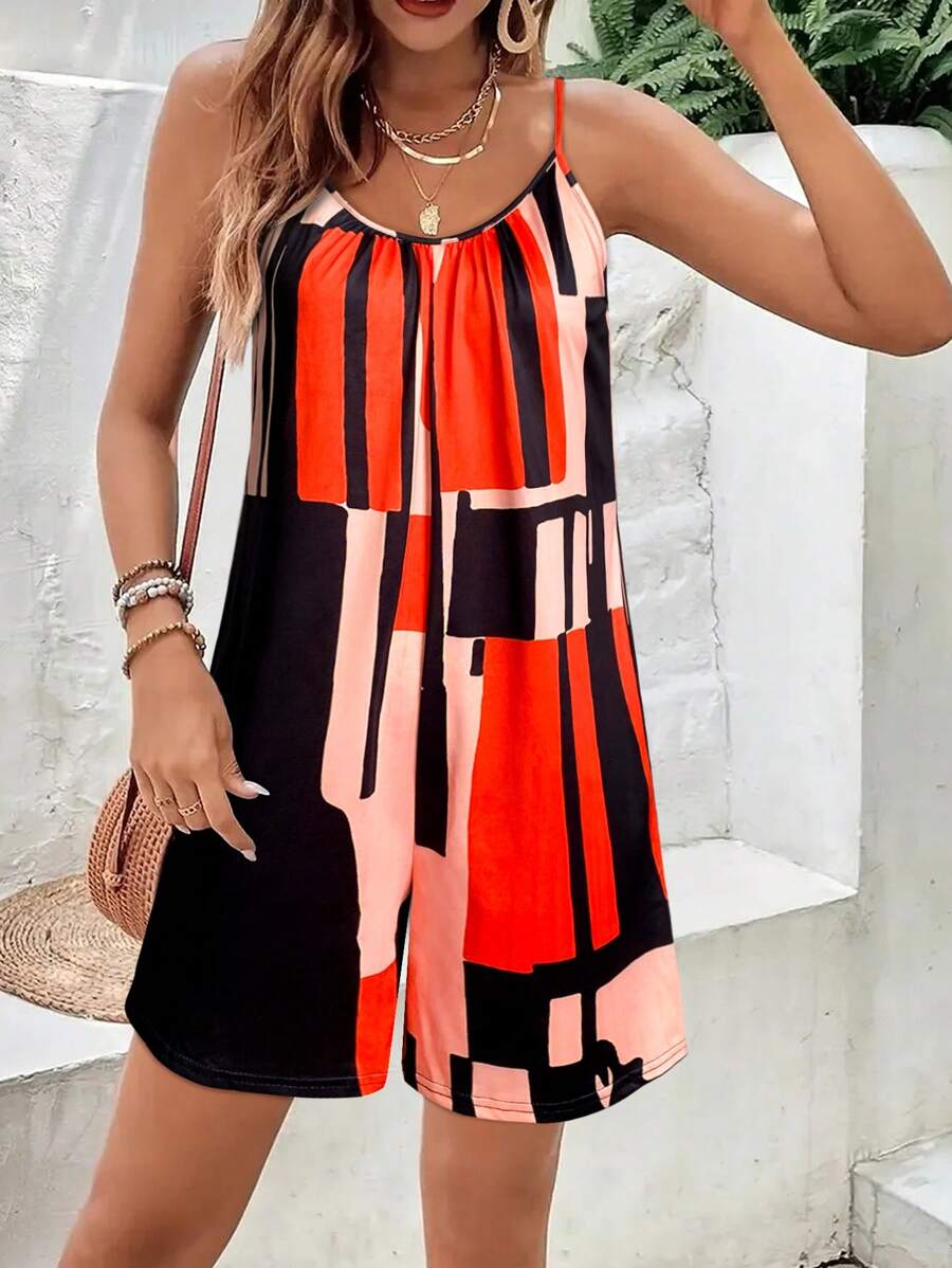 Summer Outfits For Women,New Geometric Pattern Summer Sleeveless Jumpsuit For Vacation Outfits Women,Daily Jumpsuit For Women