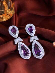 1 Pair Exquisite Silver Plated CZ Long Leaf Teardrop Purple Dangle Earrings, Bridal Cubic Zirconia Women Jewelry For Brides, Wedding, Engagement, Banquet, Party, Gift For Ladies, Bridesmaids, Mother