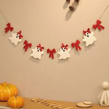 Vintage Cute Red Bow & White Bell Ghost Halloween Party Decorative Banner, Wall Hanging Pennant