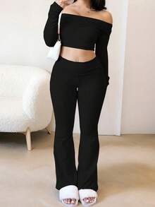 女士两件套：露肩长袖短款上衣和喇叭裤，黑色，休闲通勤运动风，秋季女装 - 黑色 - 查看 3