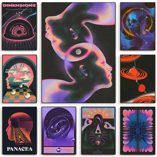 1pc/3pcs Wall Arts Posters Optional Frame Modern Abstract Futurism Wall Art Dark Colorful Character Geometry Canvas Print Retro Poster For Living Room Home Decor Gift