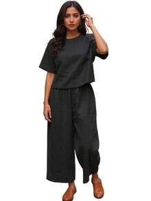 Conjunto Mujer Elegante y Casual,Conjuntos Holgados de Lino para Dama, Ideal para Estilo Relajado y Ocasiones Diarias - Negro - Ver 7