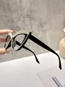 1 件装女士全框水钻装饰优雅美观透明眼镜，适合节日派对化妆户外个性化旅行配件 - 無色 - 查看 2