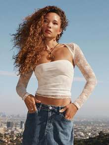 Women Lace Bolero Shrug See Through Floral Cardigan Sheer Mesh Cropped Y2K Going Out Tops  Plain  Cut & Sew    Elegant  Casual    Rib-Knit - 白色 - 查看 1