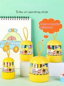12 pièces/18 pièces/24 pièces/36 pièces Crayons de cire lavables, pastels à l'huile, pinceaux de peinture, bâtons de coloriage pour étudiants, couleurs vibrantes sûres, design de seau avec corde de suspension, utilisation pratique, convient pour l'art, l'artisanat, le coloriage et le croquis