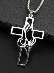 1 件不锈钢基督教十字架吊坠项链，男士宗教祈祷耶稣珠宝 - 銀色 - 查看 4