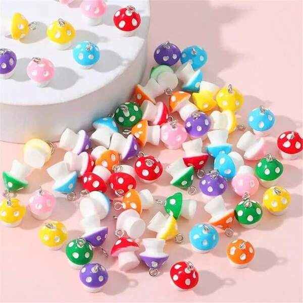 20pcs Colorful Cartoon Mushroom Shaped Resin Pendant, Featuring Dotted Mushroom Design, Delicate And Vibrant. Suitable For Bracelet, Earring, Beaded Jewelry, Keychain, And Other DIY Crafts To Add Adorable Playful Elements