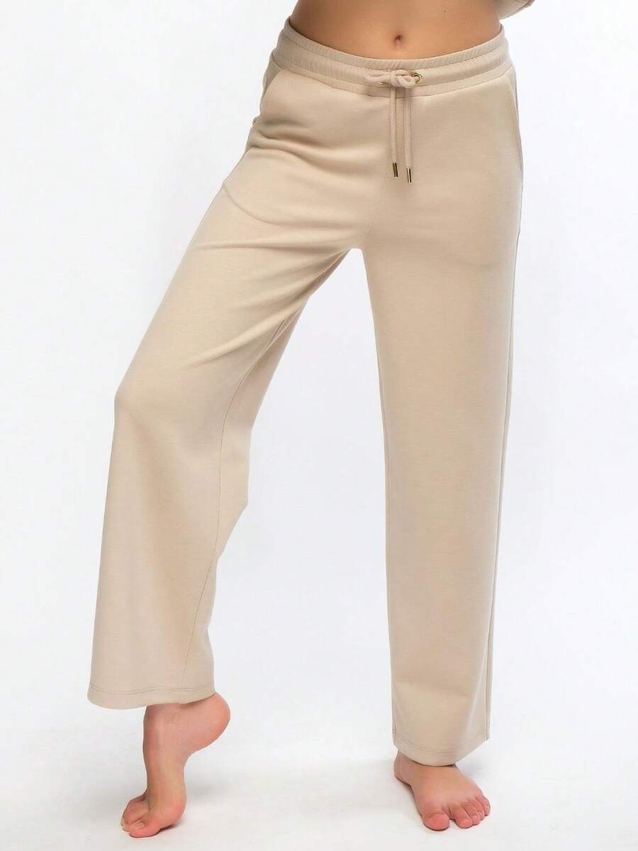 Women's Casual Solid Color Drawstring Wide Leg Sweatpants - Beige - View 1