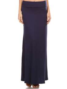 Elegante falda larga de cintura alta con diseño fluido en línea A para elegancia diaria - Azul Marino - Ver 1
