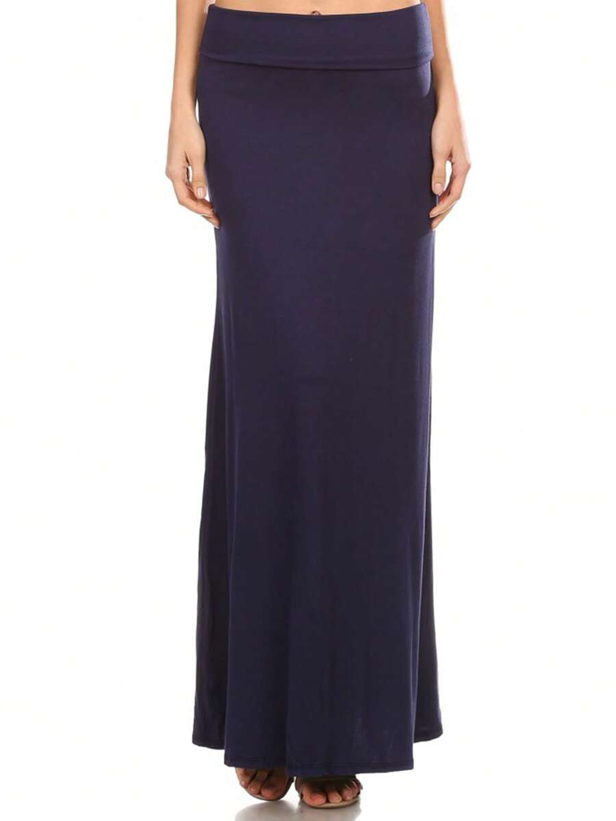 Elegante falda larga de cintura alta con diseño fluido en línea A para elegancia diaria - Azul Marino - Ver 1