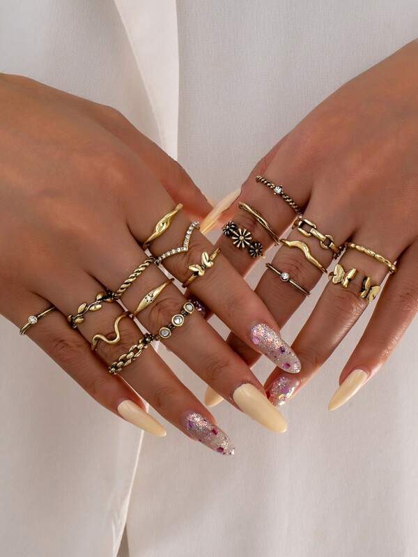 18pcs Minimalist Style Crystal Inlaid Heart & Wave Shape Rings, Gold Geometric Knuckle Ring Set