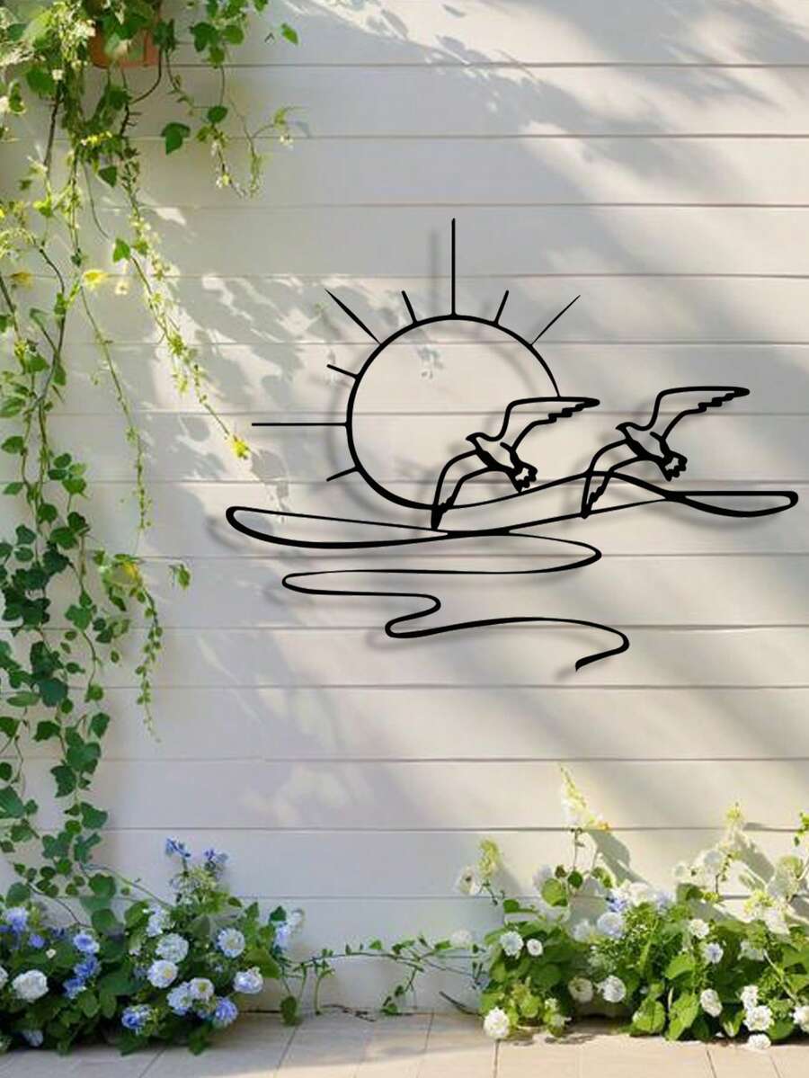 1pc Sunrise & Seagull Metal Wall Art, Black Bird Silhouette Design, Modern Home Decor For Living Room Or Patio, Unique Housewarming Gift, Bird Decoration, Room Decor - 多色1 - 查看 1