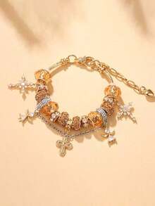 1piece Pan Family Style Bracelet With Gold Flowers, Small Grand Slam Style, Unique Charm, DIY Adjustable Bead Bracelet - 彩色 - 查看 3