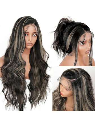 Peluca frontal de encaje de 13x4, peluca frontal de encaje sintética de onda de agua negra natural de 28 pulgadas, pre-arrancada