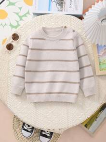 Baby Boy Colorblock Striped Knit Crew Neck Sweater - Light Grey - View 1