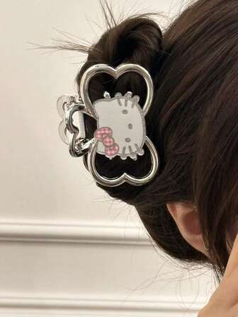 Sanrio 三丽鸥 Hello Kitty 蝴蝶结发夹，双面图案，9厘米/3.54英寸，轻巧银色塑料发夹，时尚、优雅、简约设计，适合女性日常、休闲、派对、通勤、度假、发型、化妆、服装配饰等场合，可爱少女风饰品