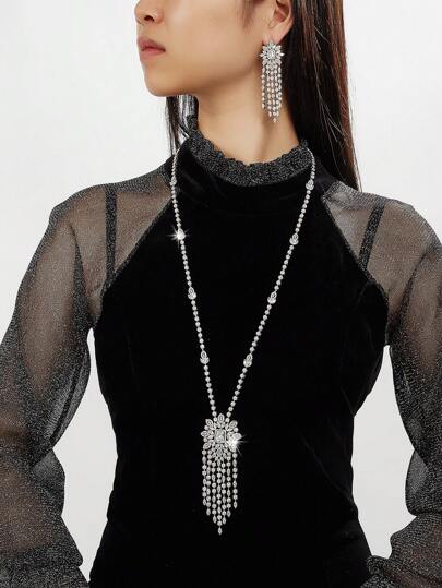 3 peças/conjunto Conjunto de Colar Longo e Brincos com Zircônia Cúbica Completa de Luxo, Conjunto de Joias de Design de Gota Elegante para Uso Diário, Casamento, Festa, Presente de Mulheres