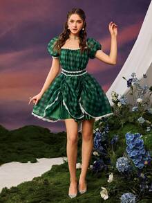 Faeriesty Dreamy Vintage-Chic Bubble Sleeve Plaid Dress With Lace Trim Neckline, Waist, And Hem, Adjustable Drawstring Hem – Perfect For Spring/Summer Garden Parties, Casual Outings, And Elegant Events (Boho-Romantic Style, Vibrant Plaid Fabric, Flowy Ruffles, Seasonless Versatility) Summer Dress Spring Clothes