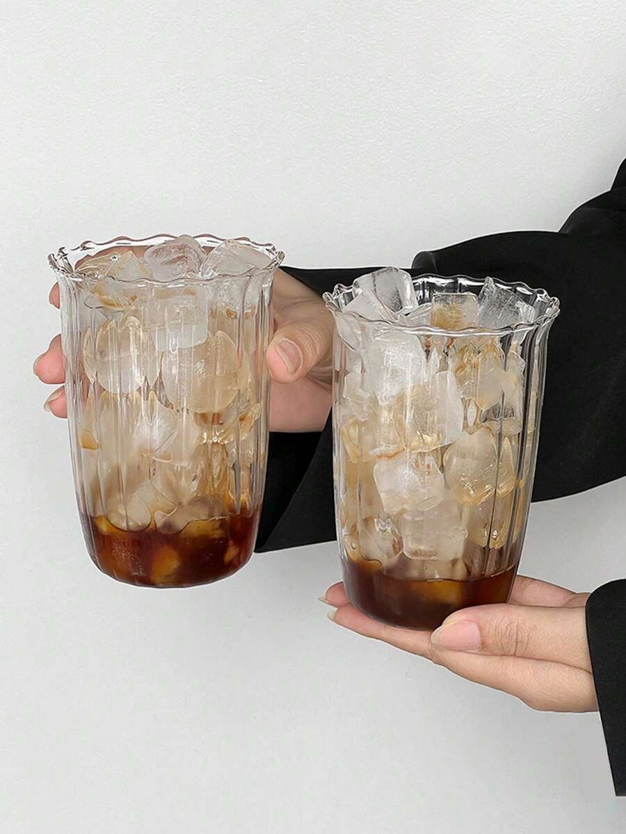 1件/2件/4件 420毫升 14.2盎司竖条纹玻璃杯，花形水杯，冰咖啡杯，饮水杯，透明玻璃杯，玻璃水杯，高硼硅玻璃杯，耐高低温