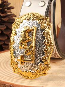 Geprägter westlicher Stil Kreuz- und Pferde-Formung mit goldenem Rand, Silberbasis Legierungs-Schnalle, unisex Gürtel, modisch & geeignet für Feiertagspartys