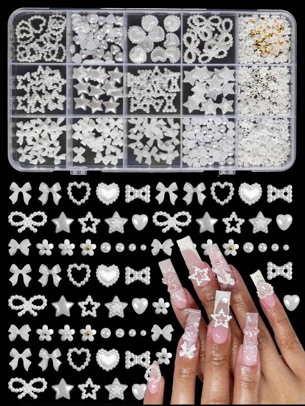 Caixa de Decoração de Unhas DIY Mini com 15 Repartições Branca com Pérolas Mistas de Resina, Coração, Laço, Estrela, Lua, Margarida Pequena, Contas de Metal