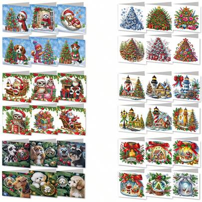 1pc/6pcs DIY Diamond Painting Card Kit, Christmas Dog Santa Claus Christmas Tree Gingerbread House Lighthouse Design, Diamond Art Mosaic Postcard, Holiday Greeting Card, Suitable For Thanksgiving, Birthday, Christmas, Halloween To Express Warm Blessings And Best Wishes, Great For Home, Friends, Lover's Holiday Party Invitation, Handmade Craft Gift Set, Diamond Painting Kit With Envelopes
